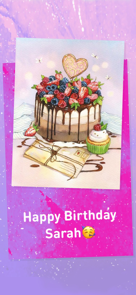 Um e-card de aniversário personalizado do Greetify com ilustração de bolo e o texto Feliz Aniversário Sarah.