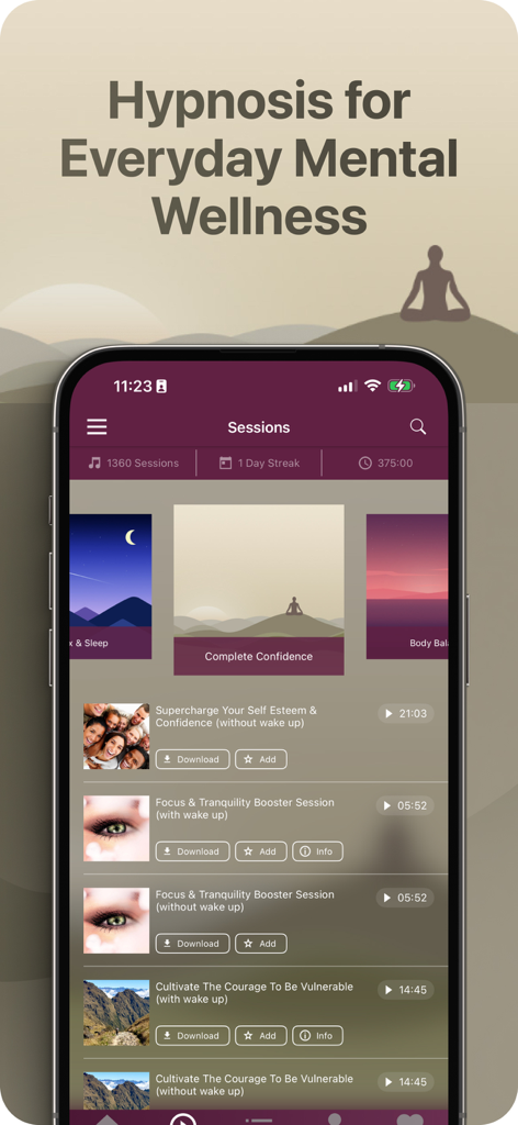 Harmony Self Hypnosis - Harmony Self Hypnosis app interface displaying mental wellness sessions like Complete Confidence and Focus and Tranquility Booster.