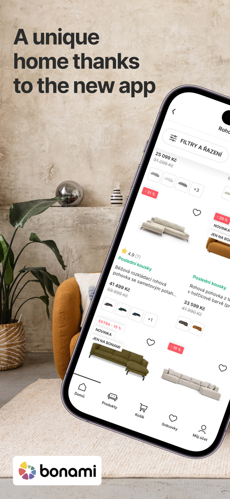Bonami – Your Unique Home - Bonami app interface on a smartphone showing designer furniture and home decor products.