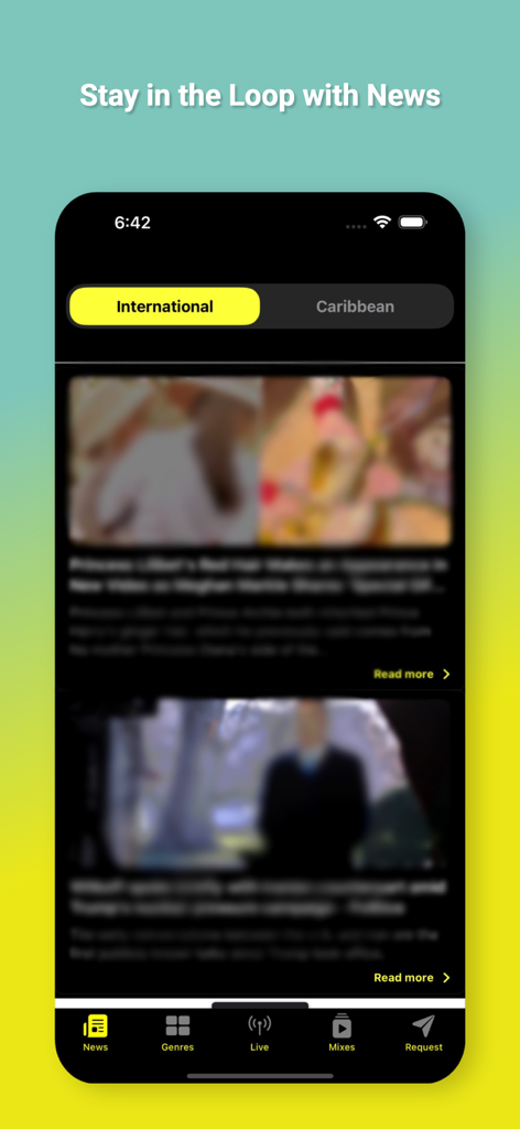The Yellow Station - The Yellow Station app screen showing the news feed with international and Caribbean tabs.