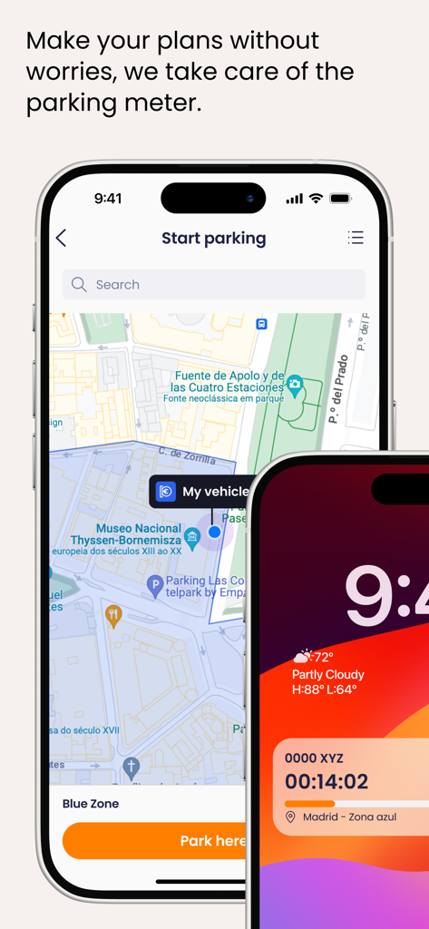 Telpark - Telpark mobile app displaying a parking map and a lock screen timer notification