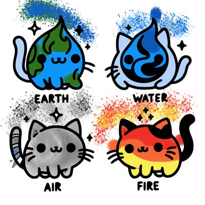 4 cats that represent the different elements, earth, water, air, and fire