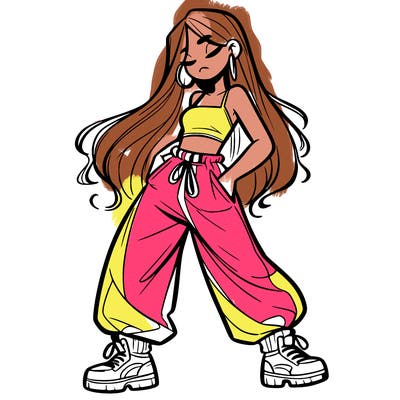 girl in baggy pants crop top and long hair