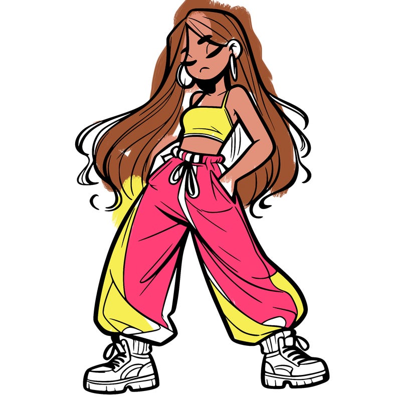 girl in baggy pants crop top and long hair