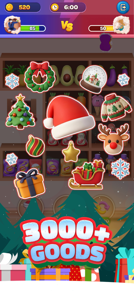 Triple Minded: 3D Sorting Game - Triple Minded 3D sorting game screen with Christmas items like Santa hats and reindeer