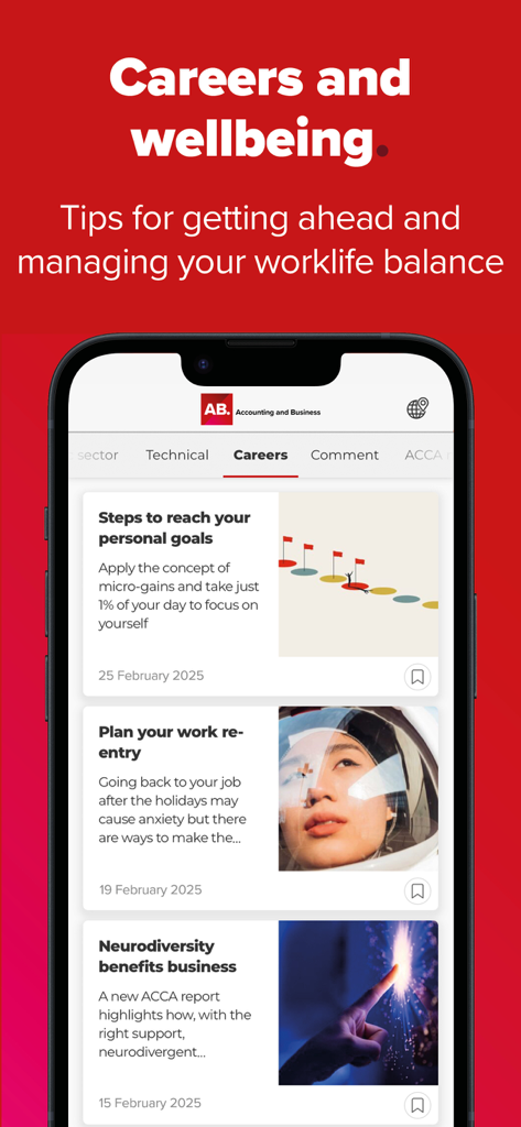 ACCA AB magazine - ACCA AB magazine app interface showing careers and wellbeing articles for finance professionals