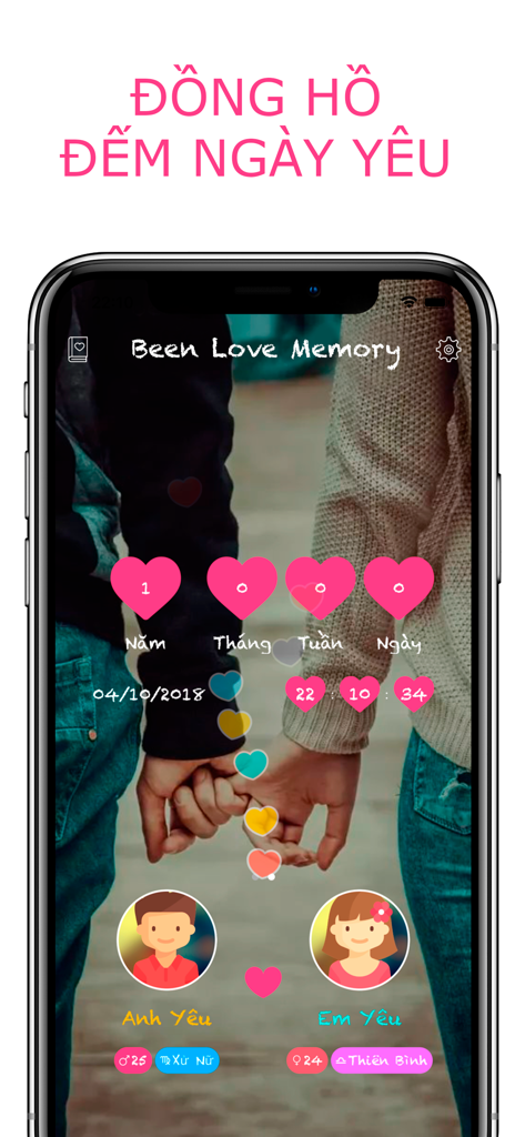 Been Love Memory -Love Counter - Been Love Memory app interface showing days of relationship with heart icons and couple avatars