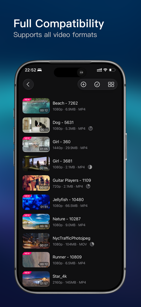 rPlayer app screen demonstrating support for multiple video formats and resolutions