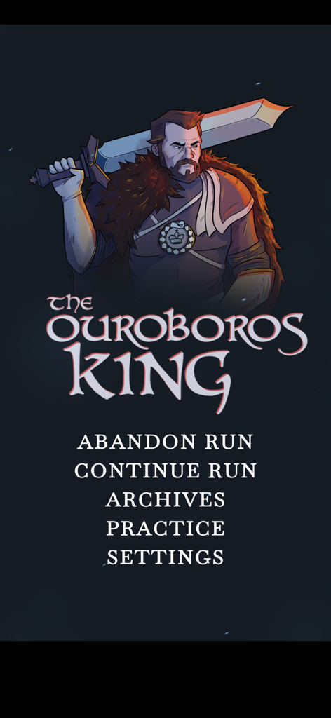 The Ouroboros King - Main menu screen of The Ouroboros King game featuring an illustrated king with a sword and game navigation options