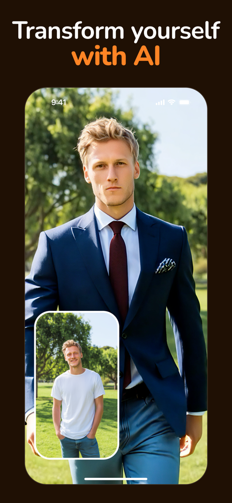 Luma: AI Video Generator - A man in a casual white t-shirt being transformed into a formal blue suit using Luma AI Video Generator.