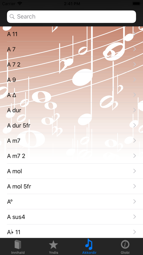 Okkara Sangbók - List of musical chords and search bar in the Okkara Sangbok app