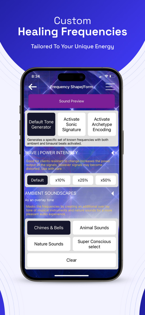 Genius Insight Biofeedback - Interfaz de la aplicación Genius Insight Biofeedback mostrando configuraciones para frecuencias de sanación personalizadas y paisajes sonoros ambientales.
