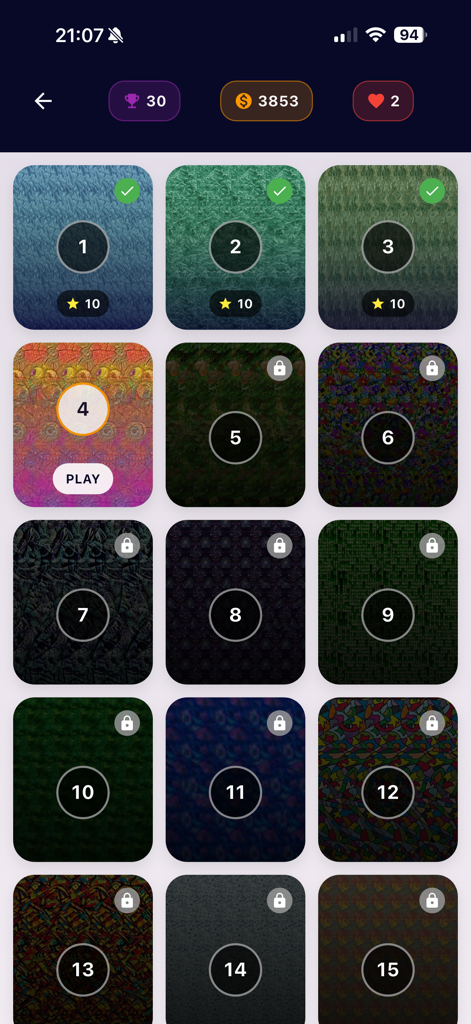 Raster zur Levelauswahl, das abgeschlossene und gesperrte Stereogramm-Rätsel zeigt