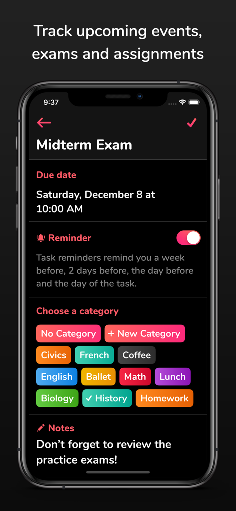 Mobile app interface showing a midterm exam entry with a due date, reminder toggle, and color-coded subject categories.