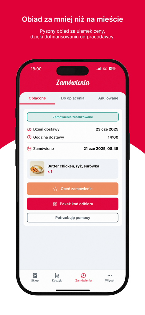 Smartphone screen showing a completed food order for butter chicken in the Posilek plus app