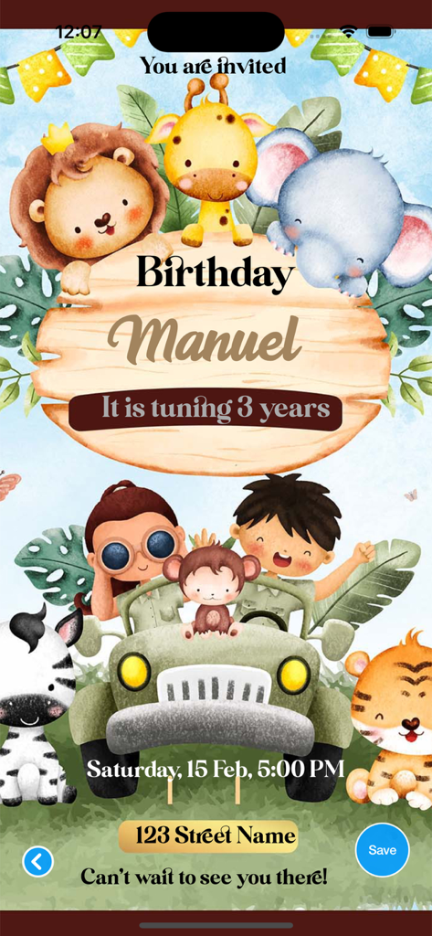Birthday invitation maker . - A jungle safari themed digital birthday invitation template featuring cute animals and kids in a jeep.
