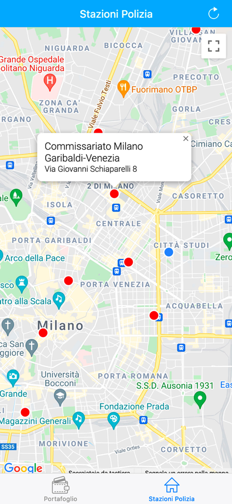 iSmarrito - Carte de l'application mobile iSmarrito affichant les emplacements des postes de police à Milan, Italie