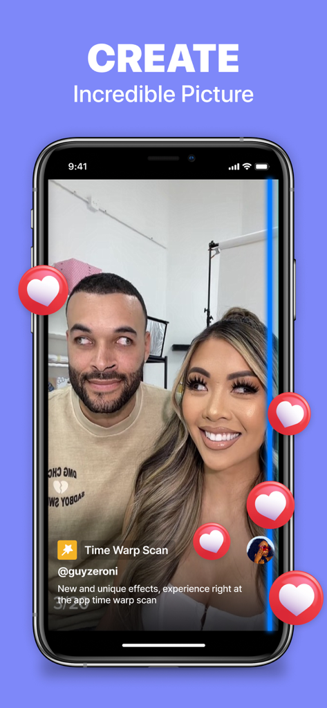 Time warp scan filter, slider - Time warp scan filter app interface showing funny distorted faces and heart icons