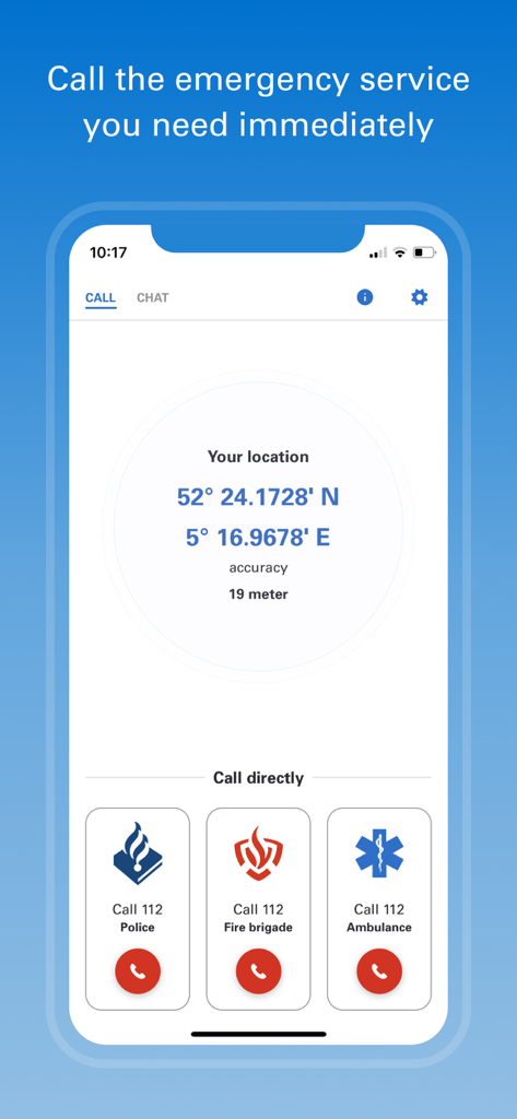 Screenshot of the 112NL app interface showing GPS location coordinates and direct buttons to call police fire brigade or ambulance services