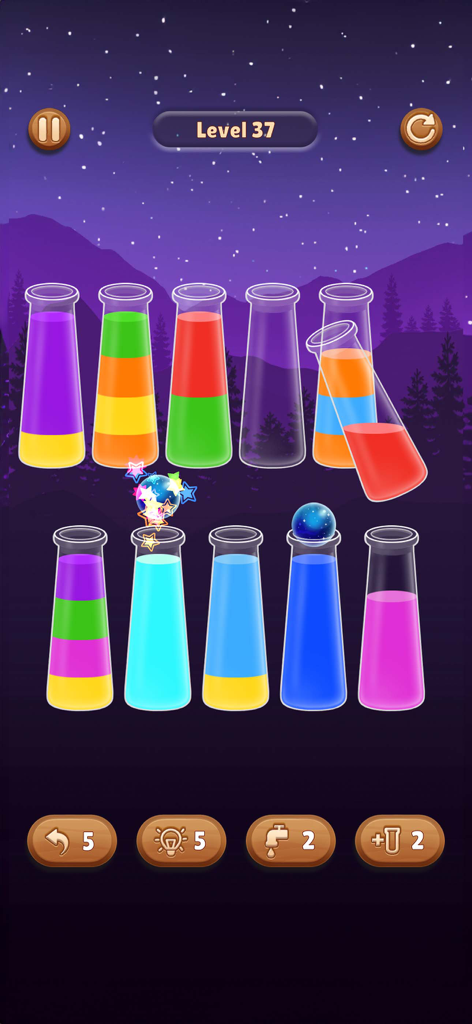 Color Water Sort Wooden Puzzle - Juego de Rompecabezas de Madera para Ordenar Agua que muestra líquido de color en matraces con un fondo de cielo nocturno estrellado.