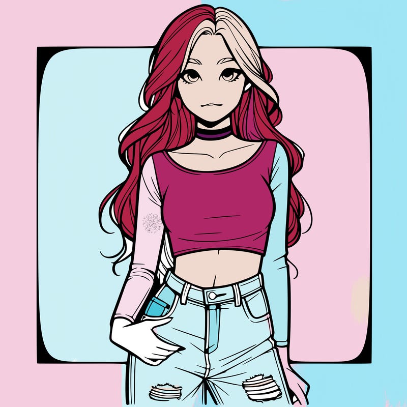 a realistic girl in a crop top and ripped jeans with long hair