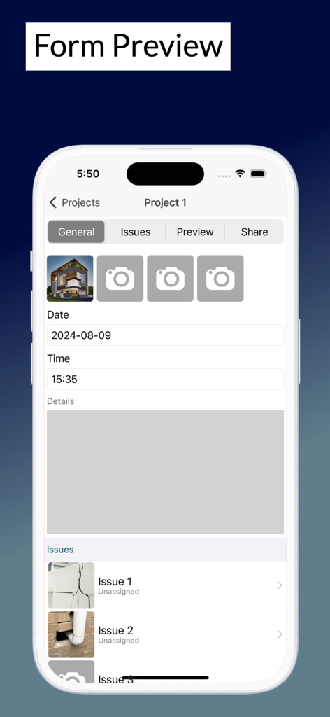 プロジェクトの詳細と報告された建設上の問題が表示されたサイト監査アプリのインターフェース