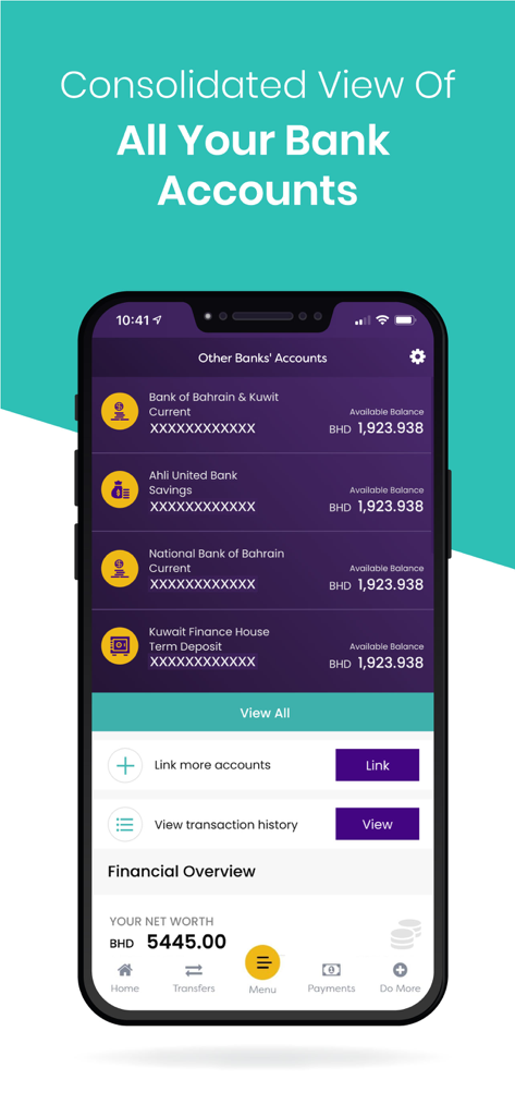 BisB Mobileアプリのインターフェースに、異なる銀行口座の統合ビューと純資産の概要が表示されています