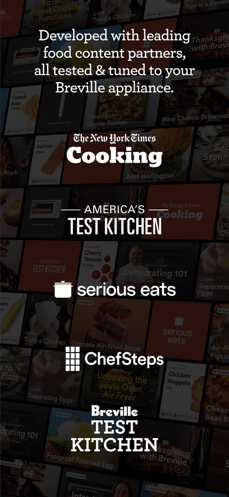 Breville+ Cooking - Breville Plus app screen highlighting culinary partnerships with The New York Times Cooking America Test Kitchen and Serious Eats