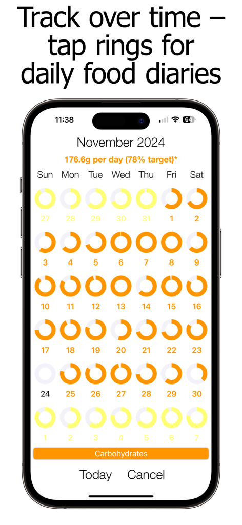 Carb Counter and Tracker - Monthly calendar view in the Carb Counter app showing daily progress rings for carbohydrate intake.