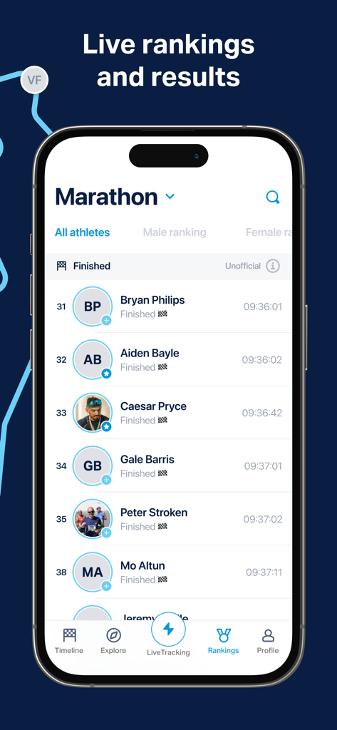 TCS Sydney Marathon - TCS Sydney Marathon app screen displaying live athlete rankings and race finisher results