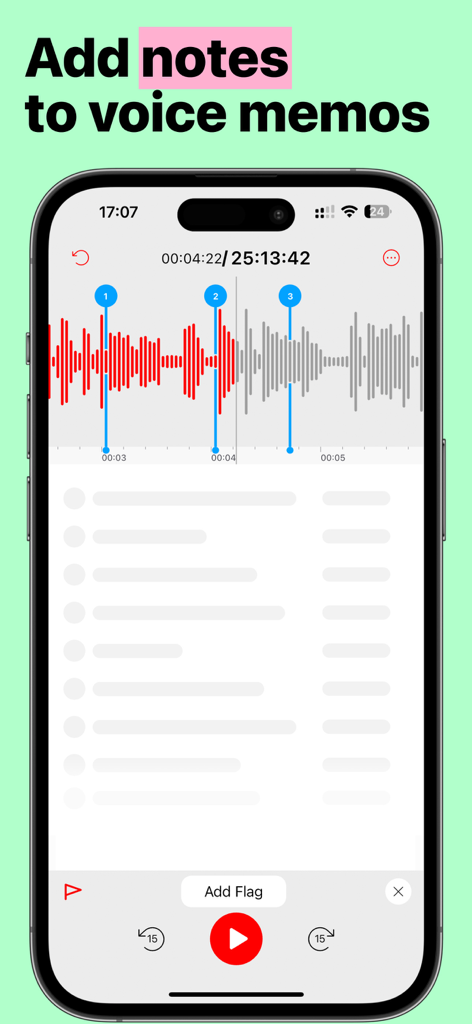 Voice Recorder: Speech-to-Text - Pantalla de iPhone que muestra una grabación de nota de voz con banderas azules numeradas y una lista para agregar notas a la línea de tiempo de audio