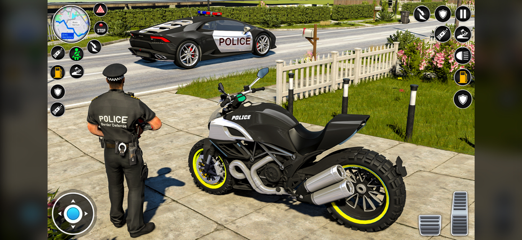 US Police Moto Bike Car Chase - A police officer standing next to a black and white patrol motorcycle with a police sports car driving in the background.
