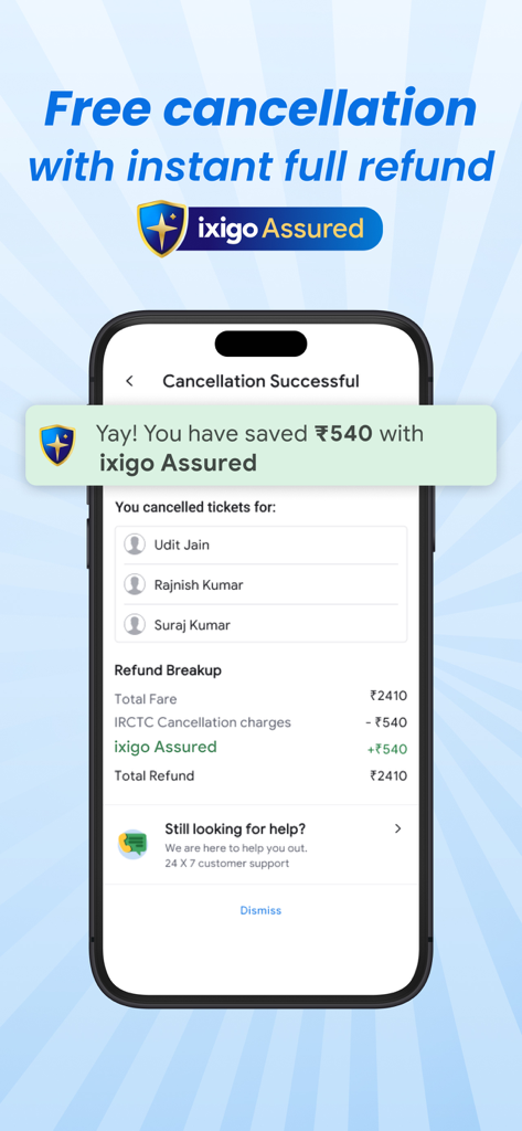 ixigo Trains: Ticket Booking - A screenshot of the ixigo Trains app displaying a successful ticket cancellation screen with a full refund breakup under the ixigo Assured feature