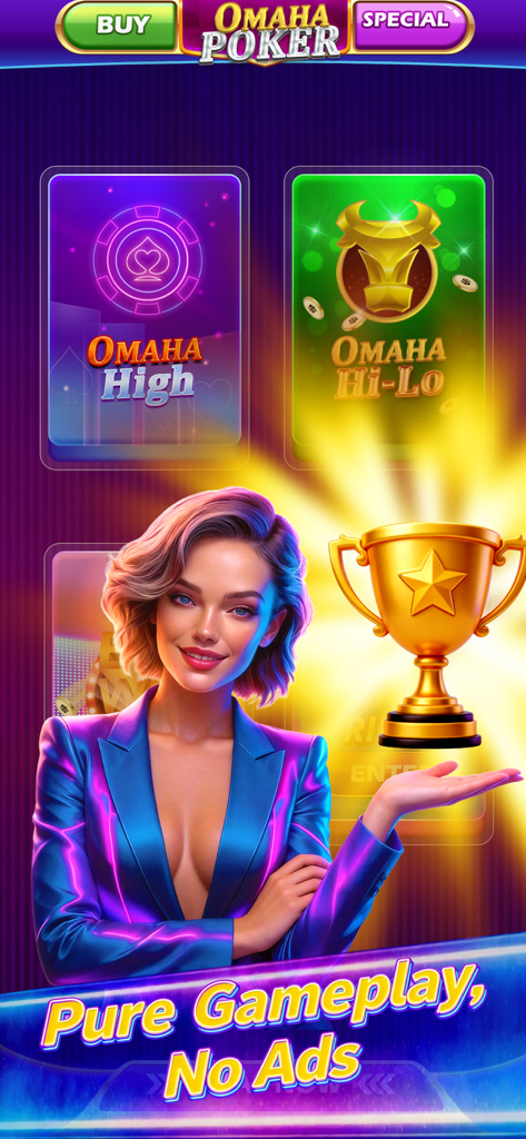 Omaha Poker™- Unlimited Play - Omaha Poker app display of Omaha High and Omaha Hi Lo game modes with a gold trophy and no ads text