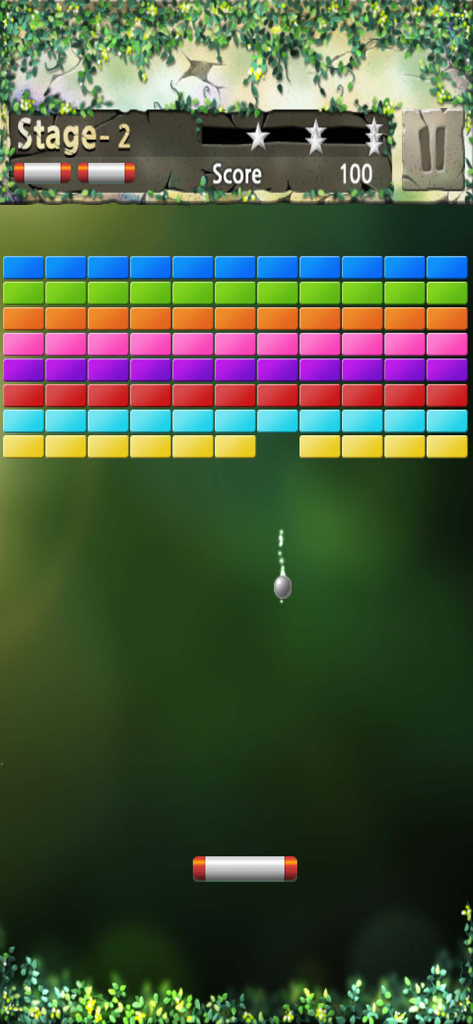 Classic brick breaker gameplay on stage 2 with colorful bricks and a paddle