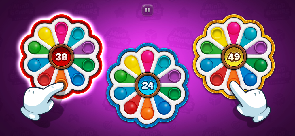 Mind Games for 2 3 4 Player - Three flower-shaped Pop It toys in a multiplayer mini-game from the Mind Games for 2 3 4 Player app