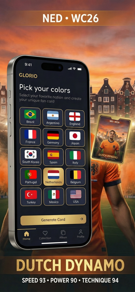 A smartphone showing the Glorio app interface where users can select a national flag to create a personalized AI sports fan card.