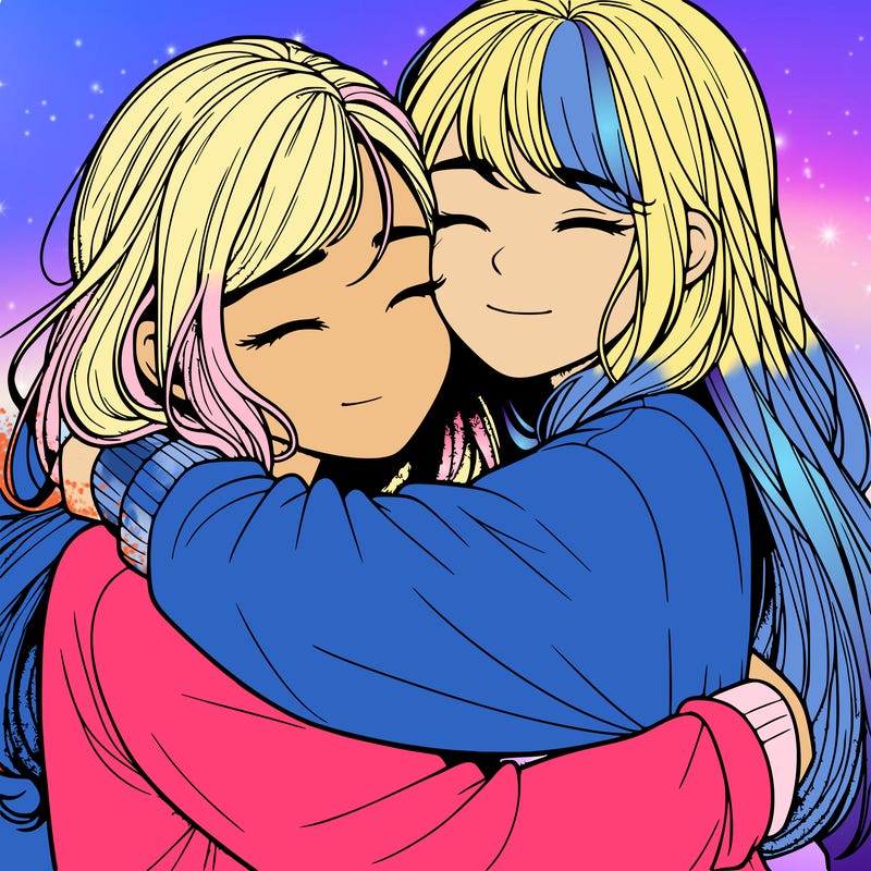 realistic two girls hugging
