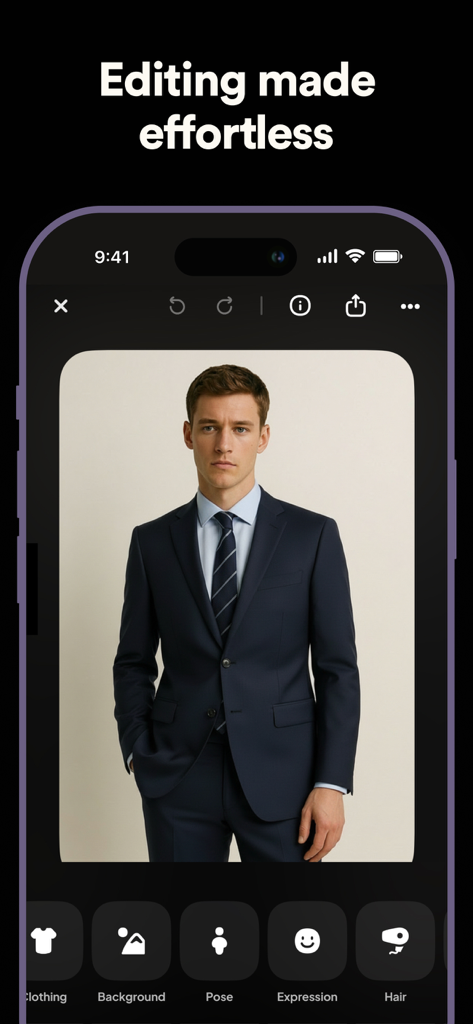 AI Photos - AI Photo Generator - AI photo app interface showing a professional man in a navy blue suit with options to edit clothing background and pose