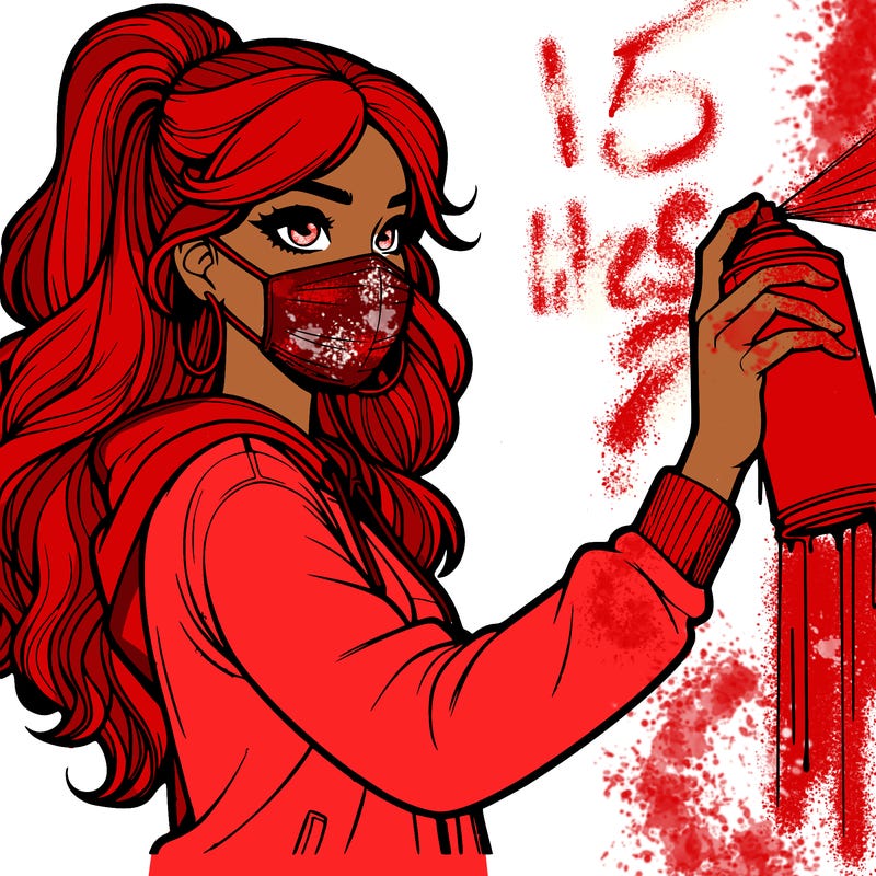 realistic girl with mask spray painting a wall