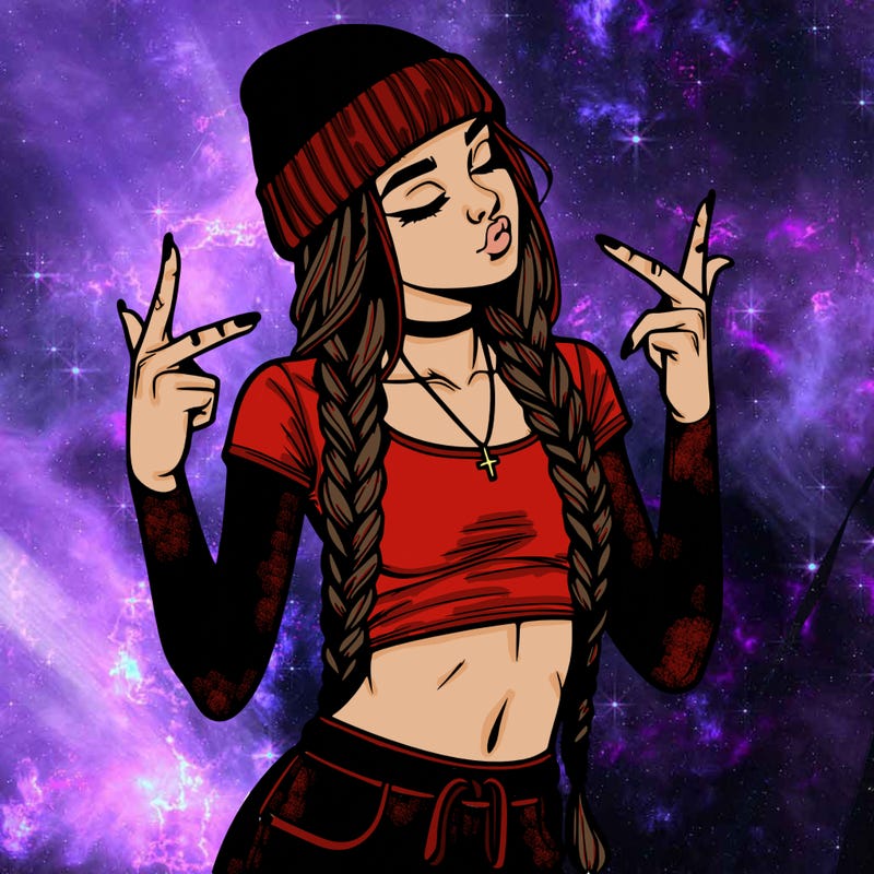 realistic teenage girl with braids and a beanie and crop top doing 🫶🏼