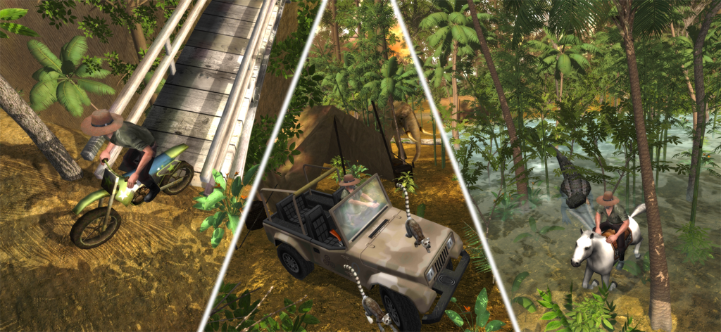 Safari: Evolution - Collage of gameplay scenes showing travel by motorcycle jeep and horse through a safari environment with wild animals