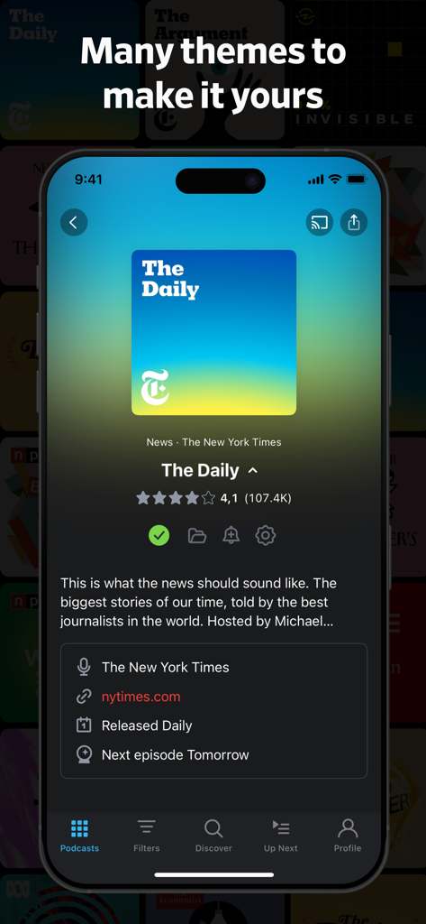 Pocket Casts: Podcast Player - Interfaccia dell'app Pocket Casts che visualizza il podcast The Daily con un tema colorato