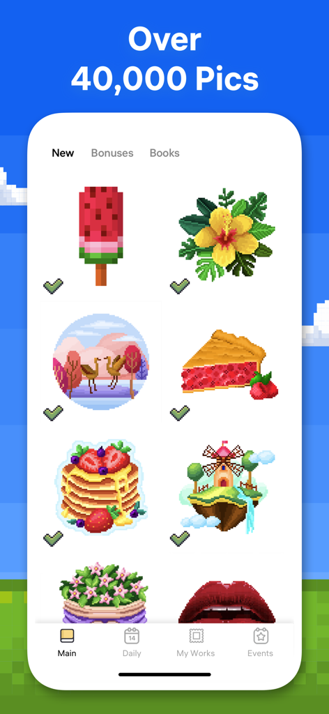A gallery of diverse pixel art images like flowers and food ready for coloring