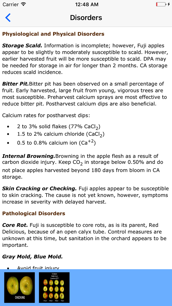 Produce Facts - Technical reference screen for Fuji apple disorders including storage scald and bitter pit in the Produce Facts app