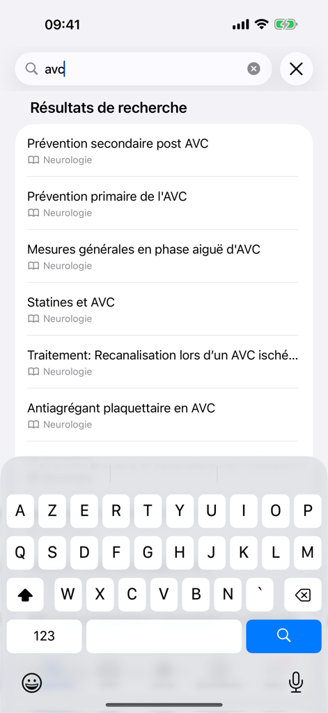Search results for stroke neurology guidelines in the SURF medical app interface
