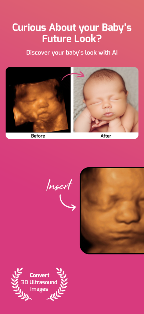 Baiby - AI Baby Scan Converter - Captura de pantalla que muestra la conversión de una ecografía 3D en un retrato realista de bebé usando Baiby AI