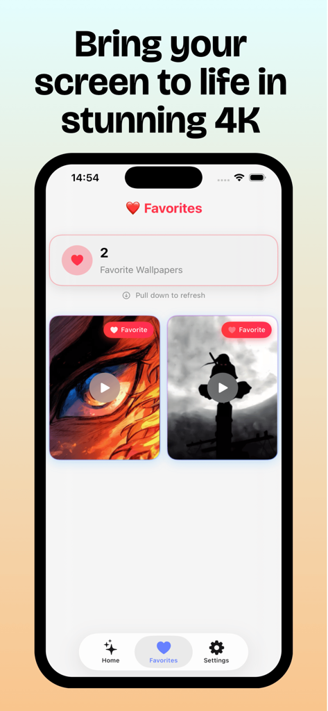 Anime Live wallpaper 4k - Anime Live wallpaper 4k app favorites tab displaying two selected animated anime backgrounds
