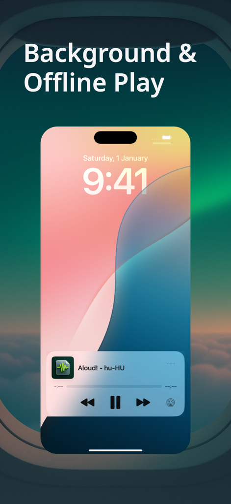 iPhone lock screen showing the Aloud text to speech reader playing in the background during a flight