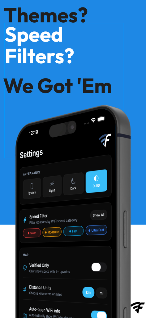 WiFi Finder - Password Map - Pantalla de configuración de la aplicación WiFi Finder que muestra opciones de tema visual y filtros de velocidad de conexión wifi